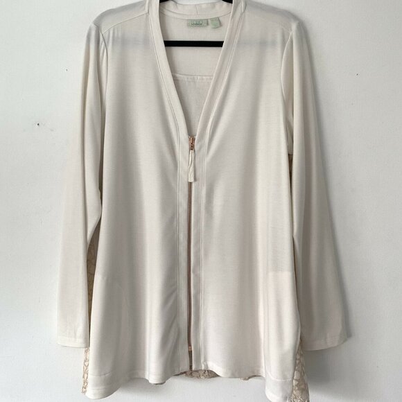 LOGO by Lori Goldstein XL Beige Zip Lace Cardigan - Picture 1 of 10